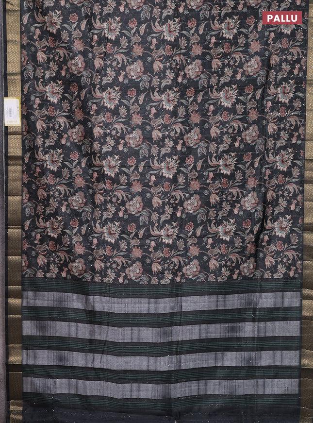 Semi tussar saree elephant grey with kalamakri prints & sequin work and zari woven border