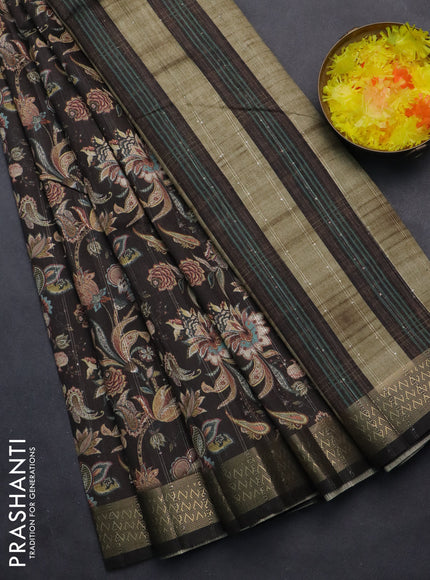 Semi tussar saree dark brown with kalamakri prints & sequin work and zari woven border