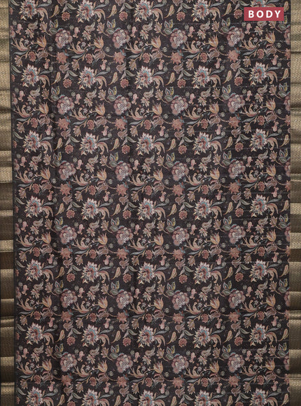 Semi tussar saree dark brown with kalamakri prints & sequin work and zari woven border