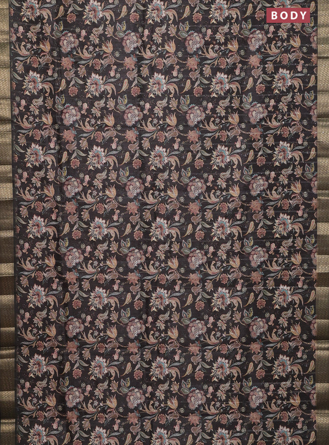 Semi tussar saree dark brown with kalamakri prints & sequin work and zari woven border