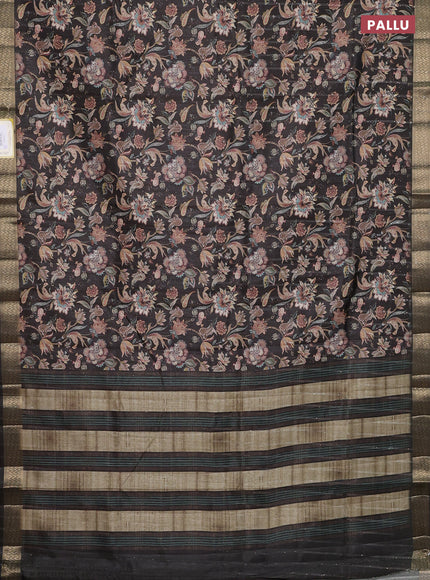 Semi tussar saree dark brown with kalamakri prints & sequin work and zari woven border