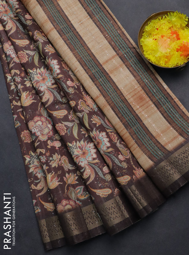 Semi tussar saree brown with kalamakri prints & sequin work and zari woven border