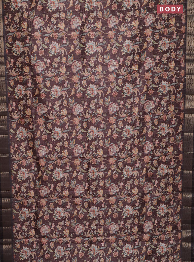 Semi tussar saree brown with kalamakri prints & sequin work and zari woven border
