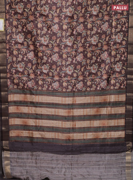 Semi tussar saree brown with kalamakri prints & sequin work and zari woven border
