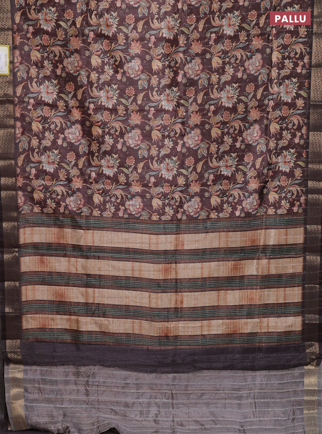 Semi tussar saree brown with kalamakri prints & sequin work and zari woven border