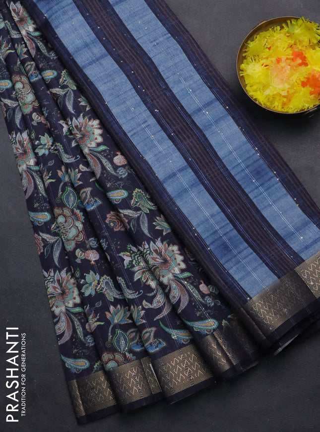 Semi tussar saree dark blue with kalamakri prints & sequin work and zari woven border