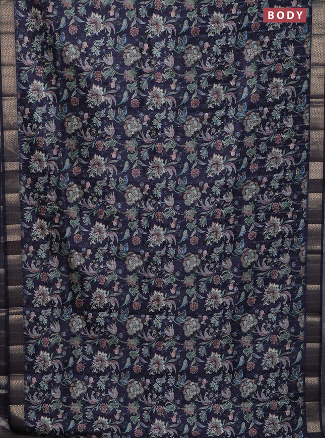 Semi tussar saree dark blue with kalamakri prints & sequin work and zari woven border