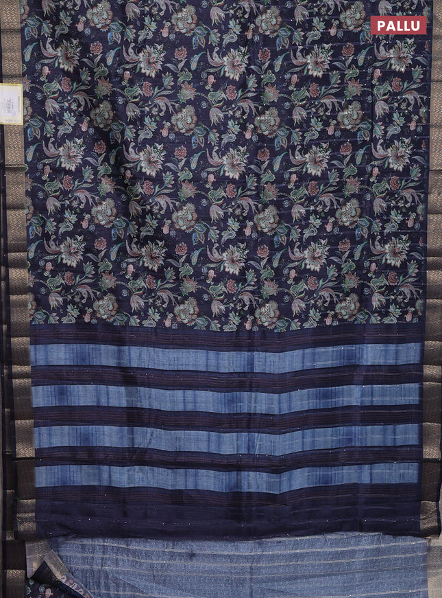 Semi tussar saree dark blue with kalamakri prints & sequin work and zari woven border