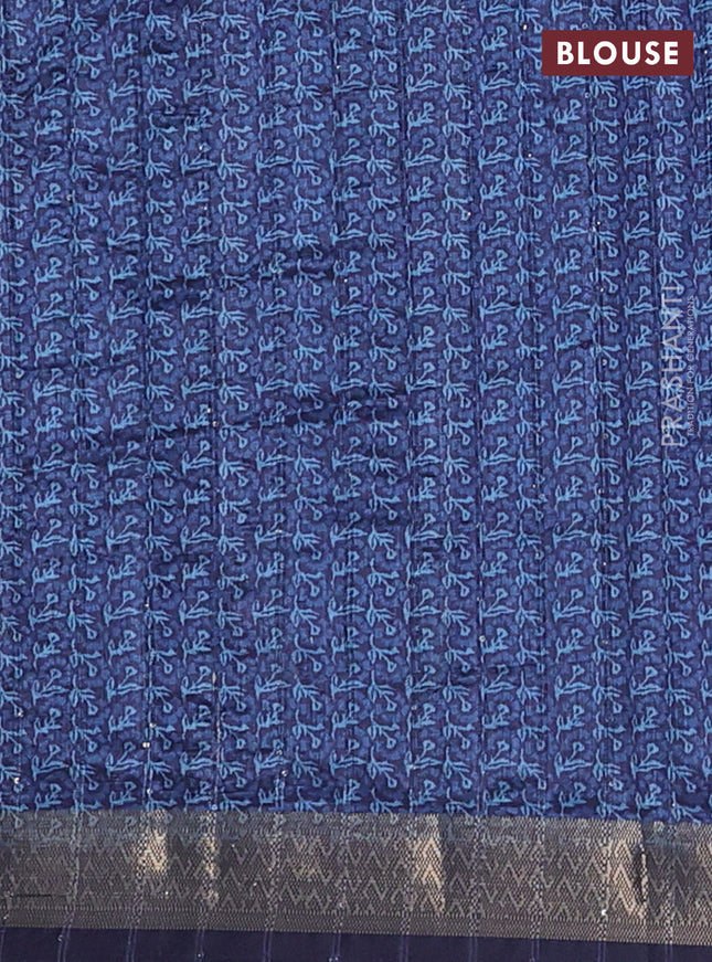 Semi tussar saree dark blue with kalamakri prints & sequin work and zari woven border