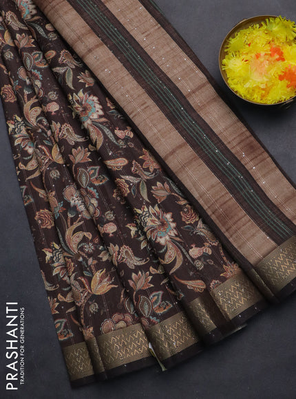 Semi tussar saree brown with kalamakri prints & sequin work and zari woven border