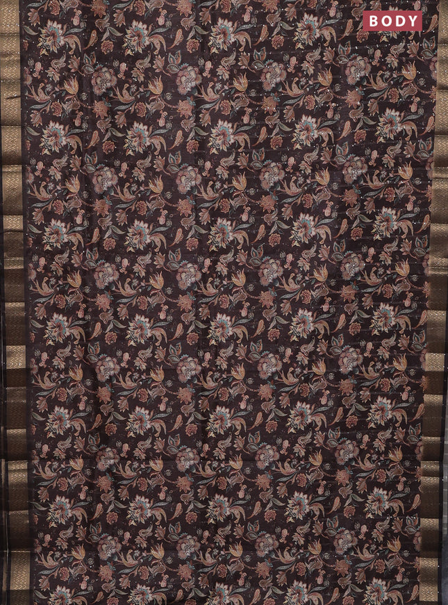 Semi tussar saree brown with kalamakri prints & sequin work and zari woven border