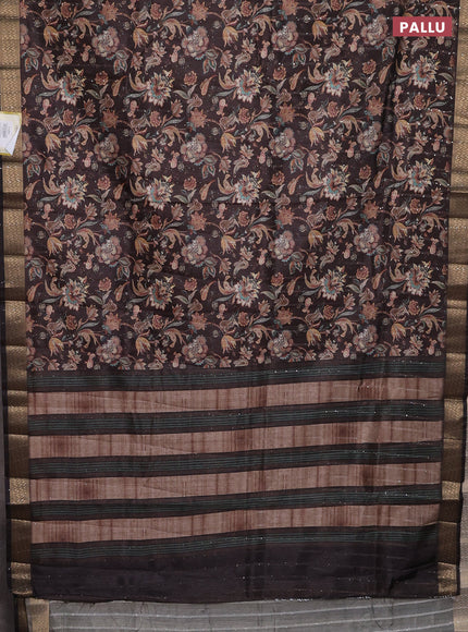 Semi tussar saree brown with kalamakri prints & sequin work and zari woven border