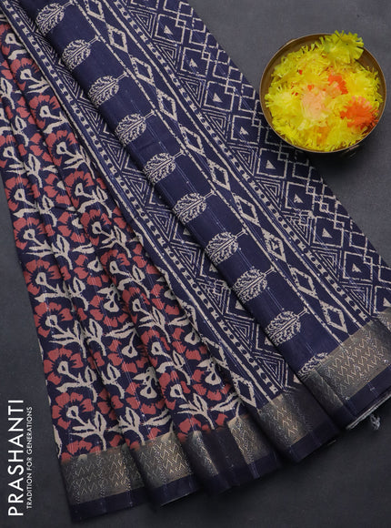 Semi tussar saree navy blue with allover floral prints & sequin work and zari woven border