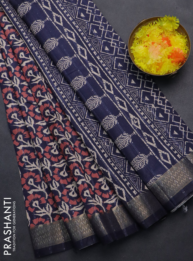 Semi tussar saree navy blue with allover floral prints & sequin work and zari woven border