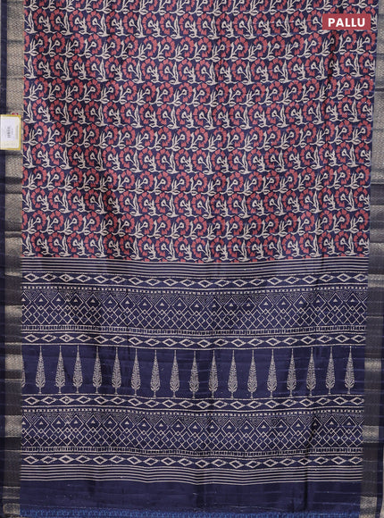 Semi tussar saree navy blue with allover floral prints & sequin work and zari woven border