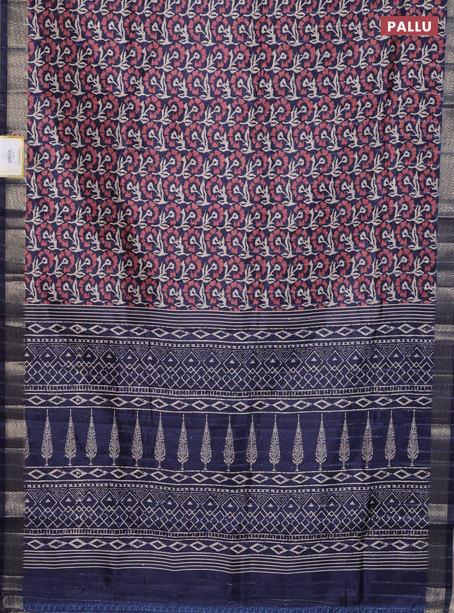 Semi tussar saree navy blue with allover floral prints & sequin work and zari woven border