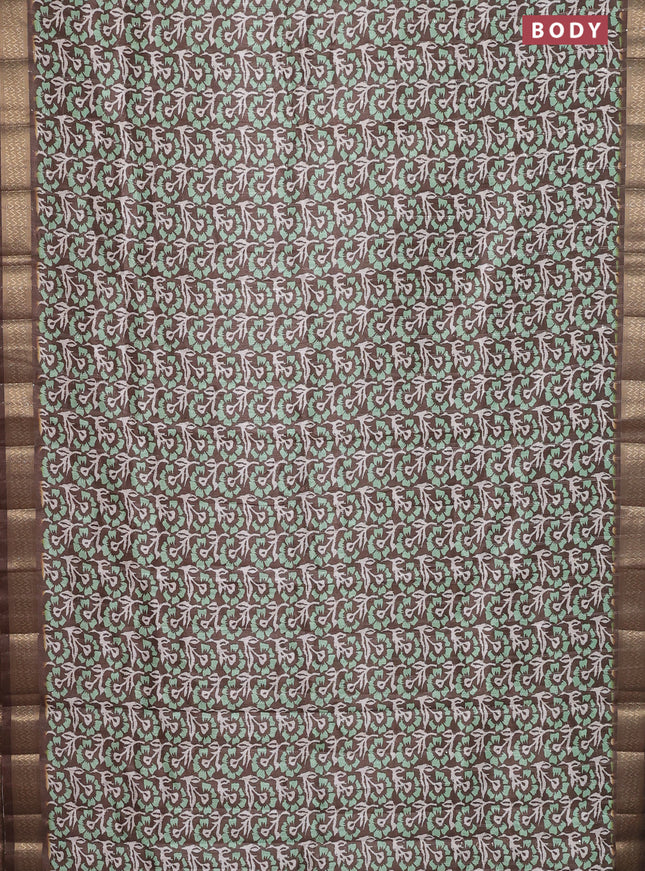 Semi tussar saree brown with allover floral prints & sequin work and zari woven border