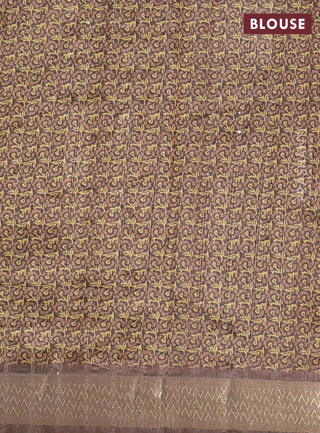 Semi tussar saree brown with allover floral prints & sequin work and zari woven border