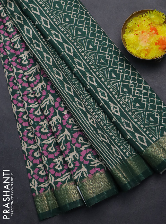 Semi tussar saree green with allover floral prints & sequin work and zari woven border