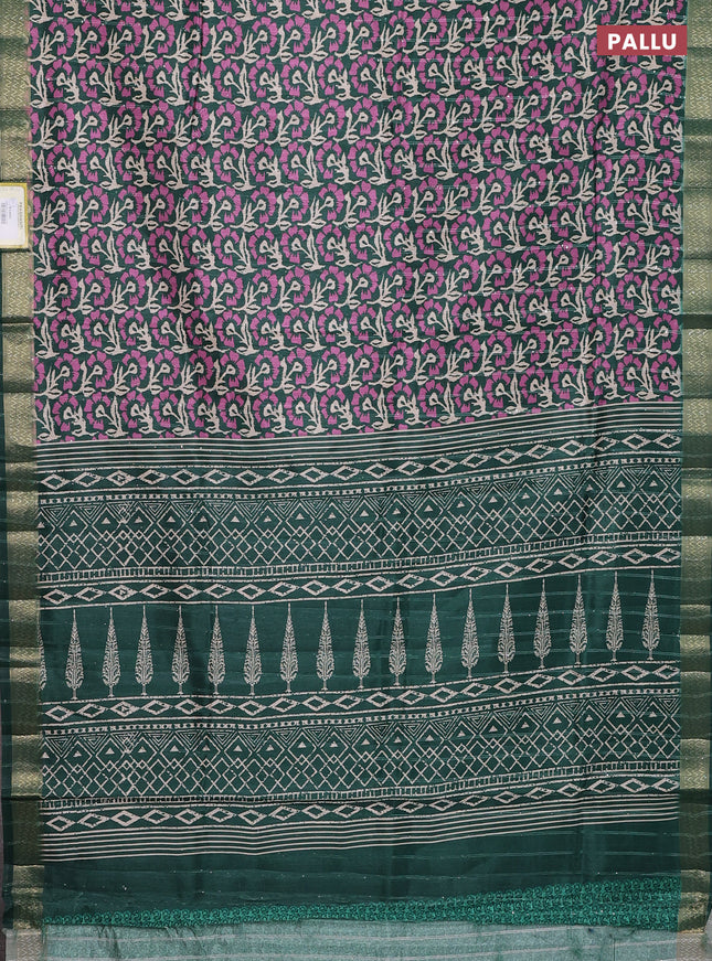 Semi tussar saree green with allover floral prints & sequin work and zari woven border