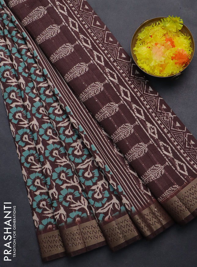 Semi tussar saree brown with allover floral prints & sequin work and zari woven border