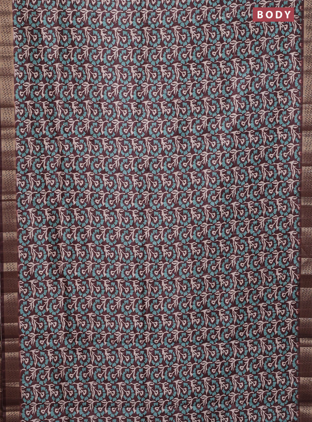 Semi tussar saree brown with allover floral prints & sequin work and zari woven border
