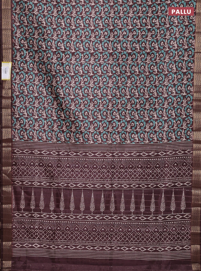 Semi tussar saree brown with allover floral prints & sequin work and zari woven border