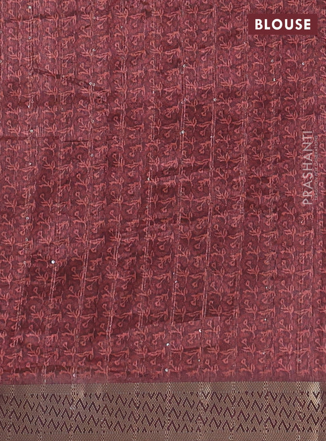 Semi tussar saree brown with allover floral prints & sequin work and zari woven border