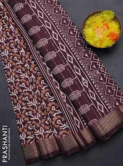 Semi tussar saree wine shade with allover floral prints & sequin work and zari woven border