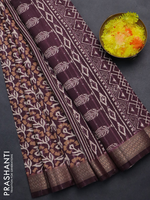 Semi tussar saree wine shade with allover floral prints & sequin work and zari woven border