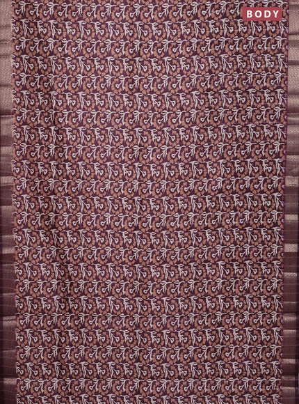 Semi tussar saree wine shade with allover floral prints & sequin work and zari woven border
