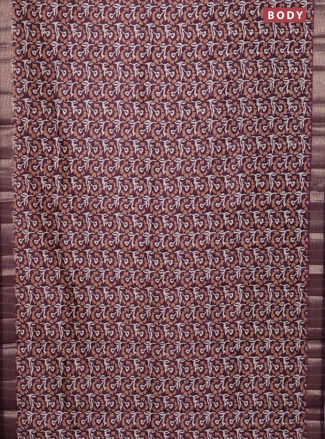 Semi tussar saree wine shade with allover floral prints & sequin work and zari woven border