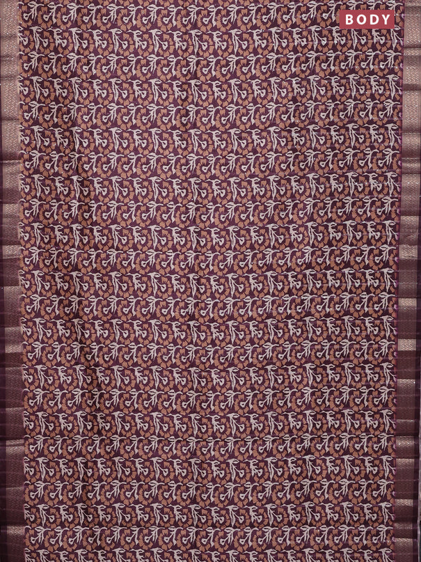 Semi tussar saree wine shade with allover floral prints & sequin work and zari woven border