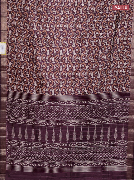 Semi tussar saree wine shade with allover floral prints & sequin work and zari woven border
