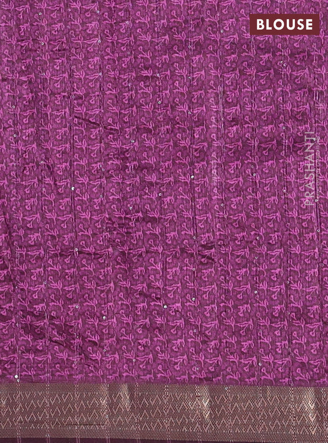 Semi tussar saree wine shade with allover floral prints & sequin work and zari woven border