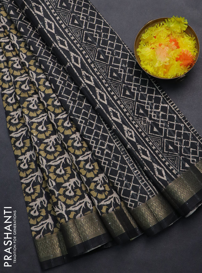 Semi tussar saree elephant grey with allover floral prints & sequin work and zari woven border