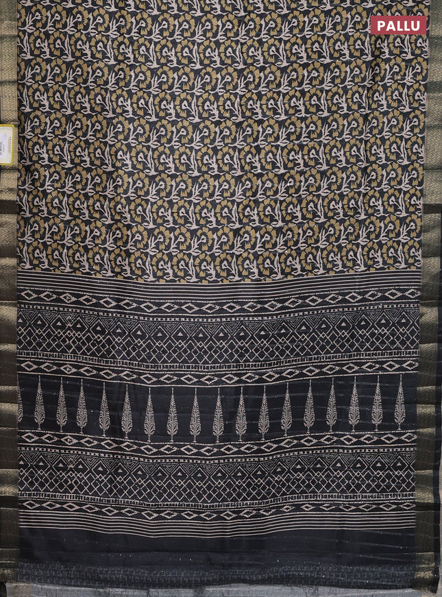 Semi tussar saree elephant grey with allover floral prints & sequin work and zari woven border
