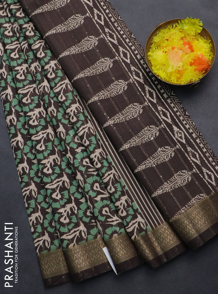 Semi tussar saree brown with allover floral prints & sequin work and zari woven border
