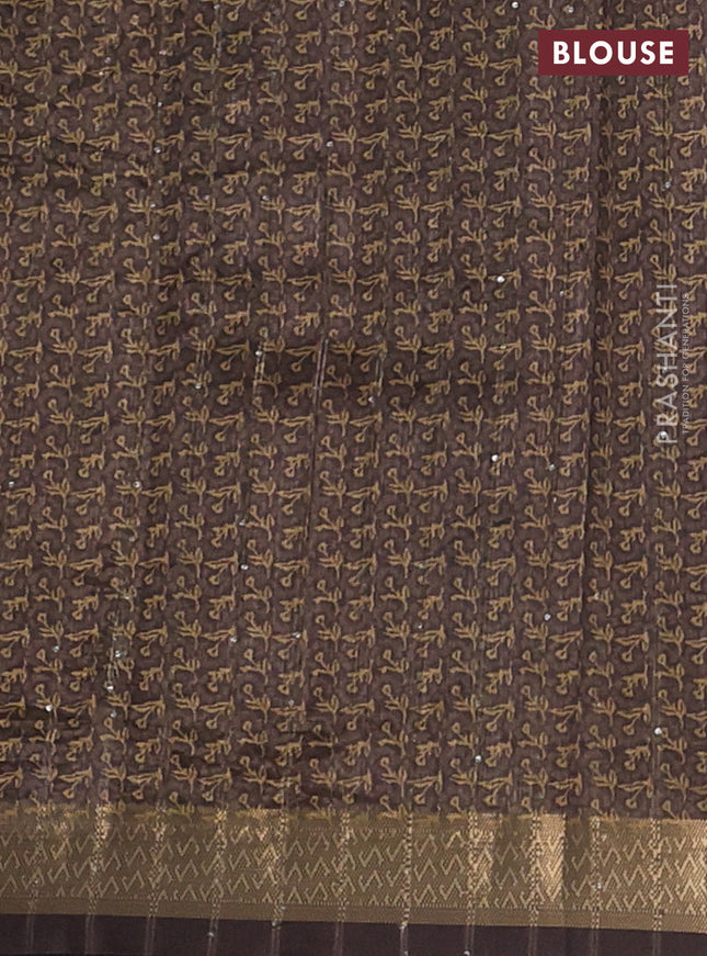 Semi tussar saree brown with allover floral prints & sequin work and zari woven border