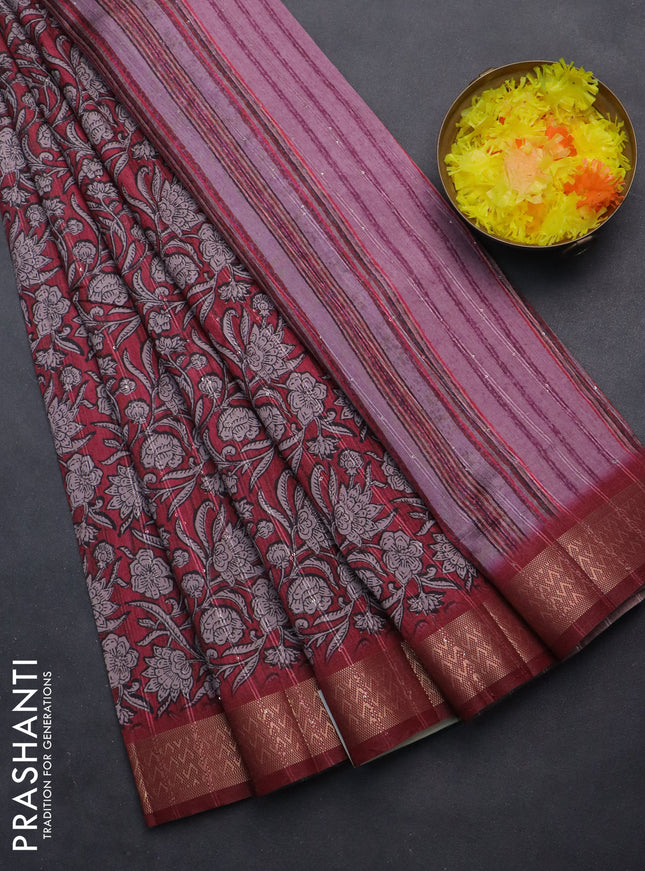 Semi tussar saree maroon with allover kalamkari prints & sequin work and zari woven border