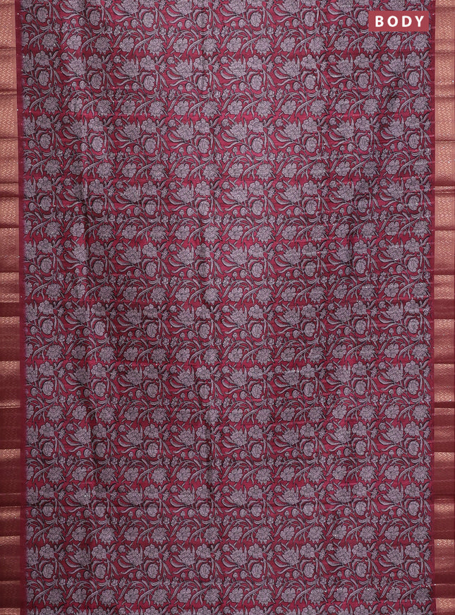 Semi tussar saree maroon with allover kalamkari prints & sequin work and zari woven border