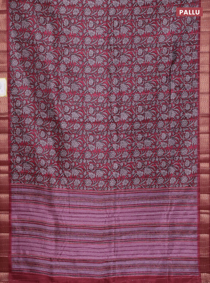 Semi tussar saree maroon with allover kalamkari prints & sequin work and zari woven border