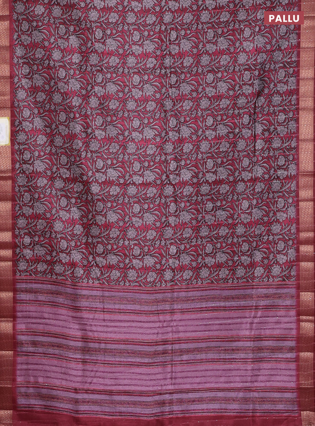 Semi tussar saree maroon with allover kalamkari prints & sequin work and zari woven border