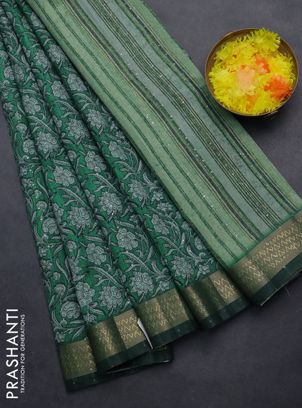 Semi tussar saree green with allover kalamkari prints & sequin work and zari woven border