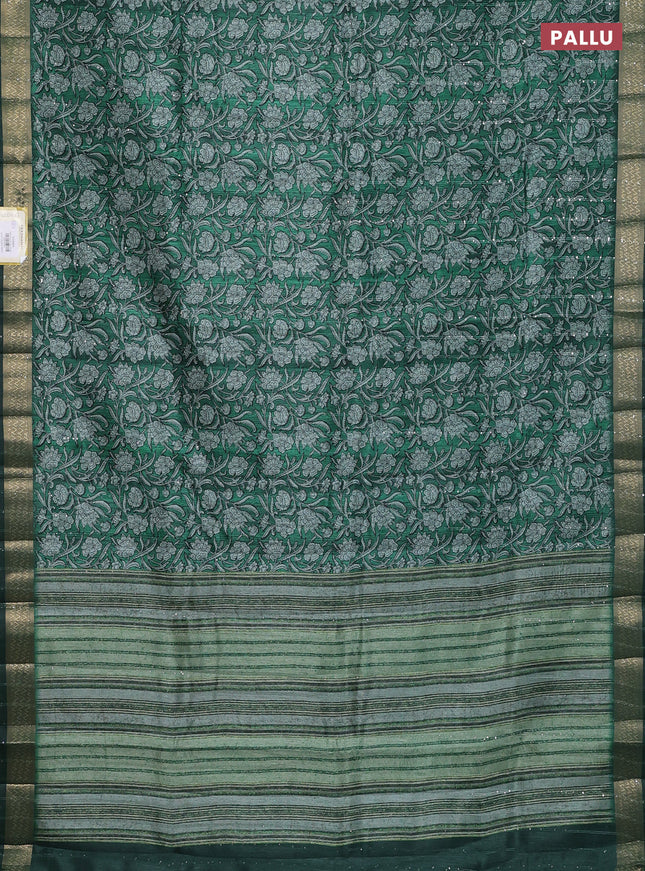 Semi tussar saree green with allover kalamkari prints & sequin work and zari woven border