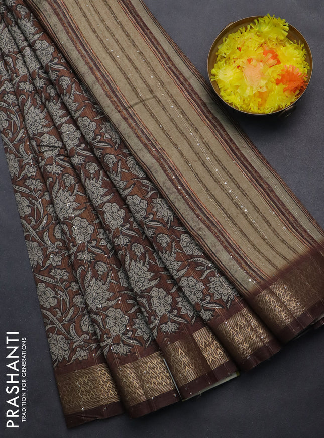 Semi tussar saree brown with allover kalamkari prints & sequin work and zari woven border