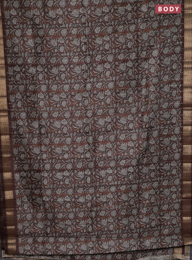 Semi tussar saree brown with allover kalamkari prints & sequin work and zari woven border