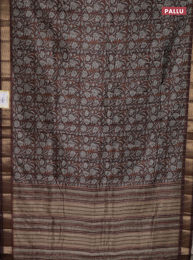 Semi tussar saree brown with allover kalamkari prints & sequin work and zari woven border