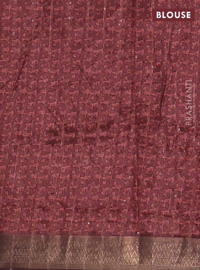 Semi tussar saree brown with allover kalamkari prints & sequin work and zari woven border