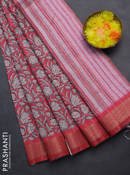 Semi tussar saree reddish pink with allover kalamkari prints & sequin work and zari woven border